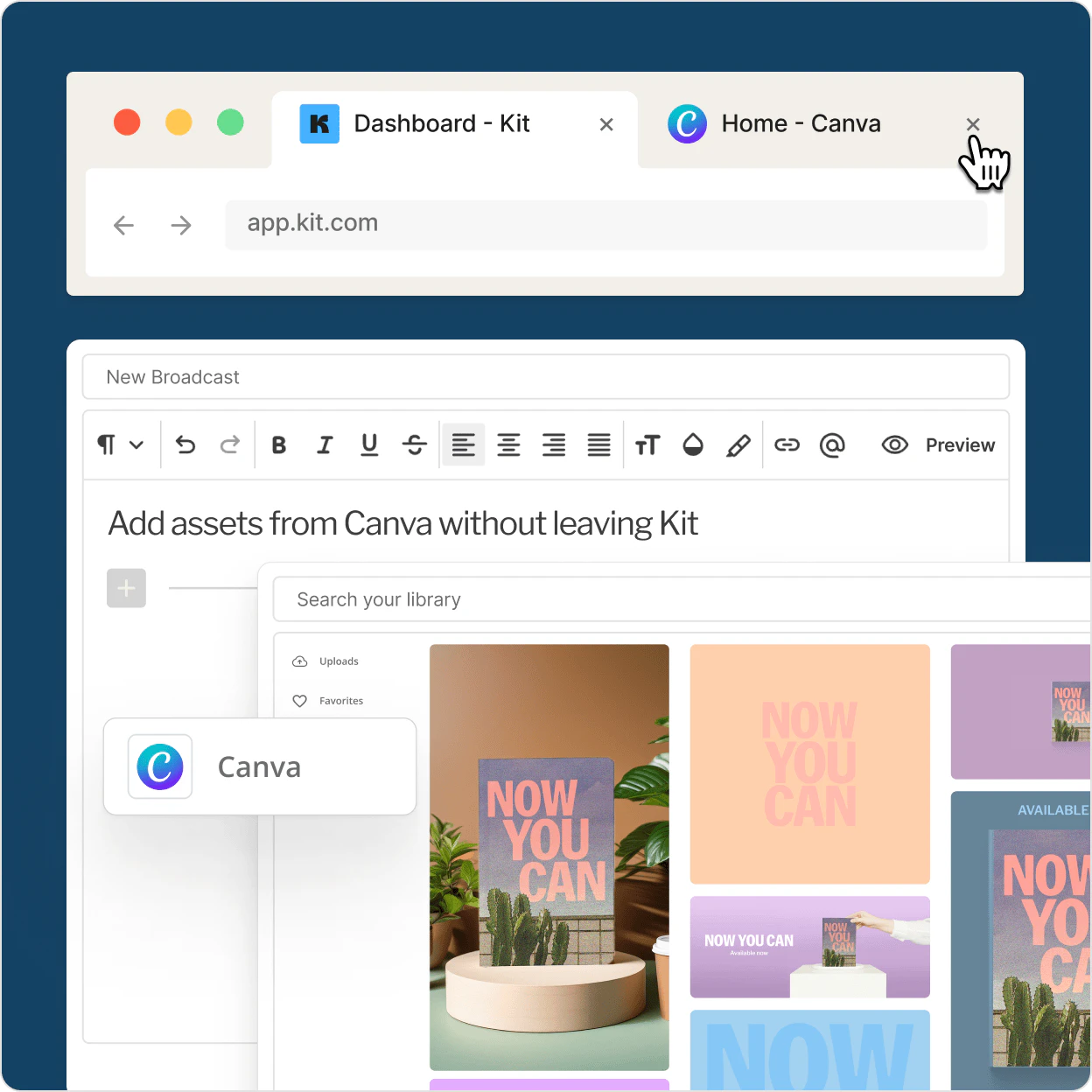 A browser showing Kit's email editor with an open Canva app panel.